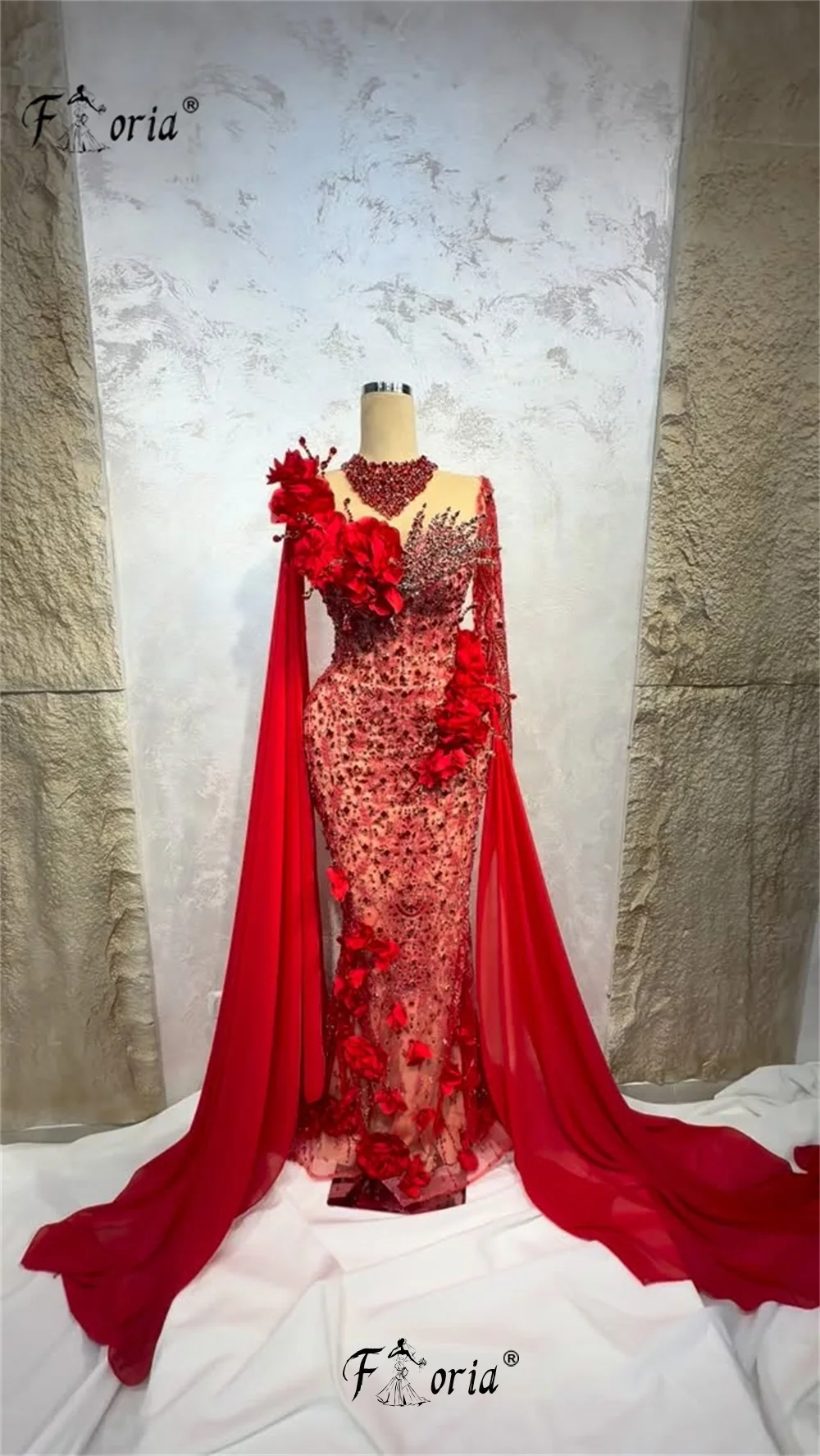 Couture Red Beads Sequins Formal Evening Party Gowns Dubai Handmade 3D Flowers Prom Dresses Long Vestidos de gala Customzied