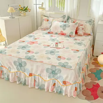 3Pcs/Lot Home Textile Luxury Bed Skirt Sheet Ruffle Lace Mattress Cover Soft Flowers Bedding Non-slip Protector Bedspread