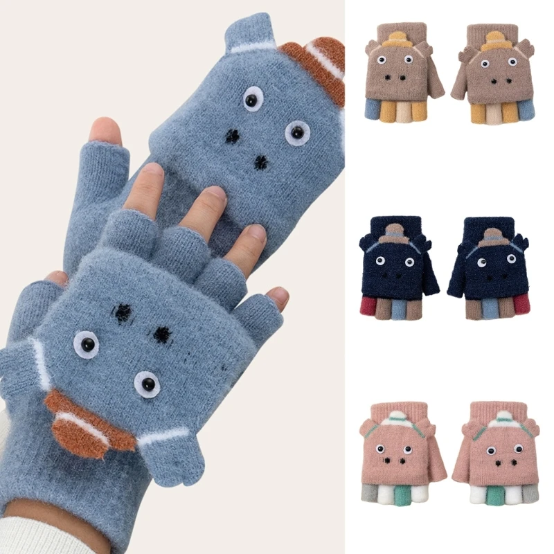 Convertible Gloves Winter Half&Full Finger Mittens Stretchy Children Knit Gloves