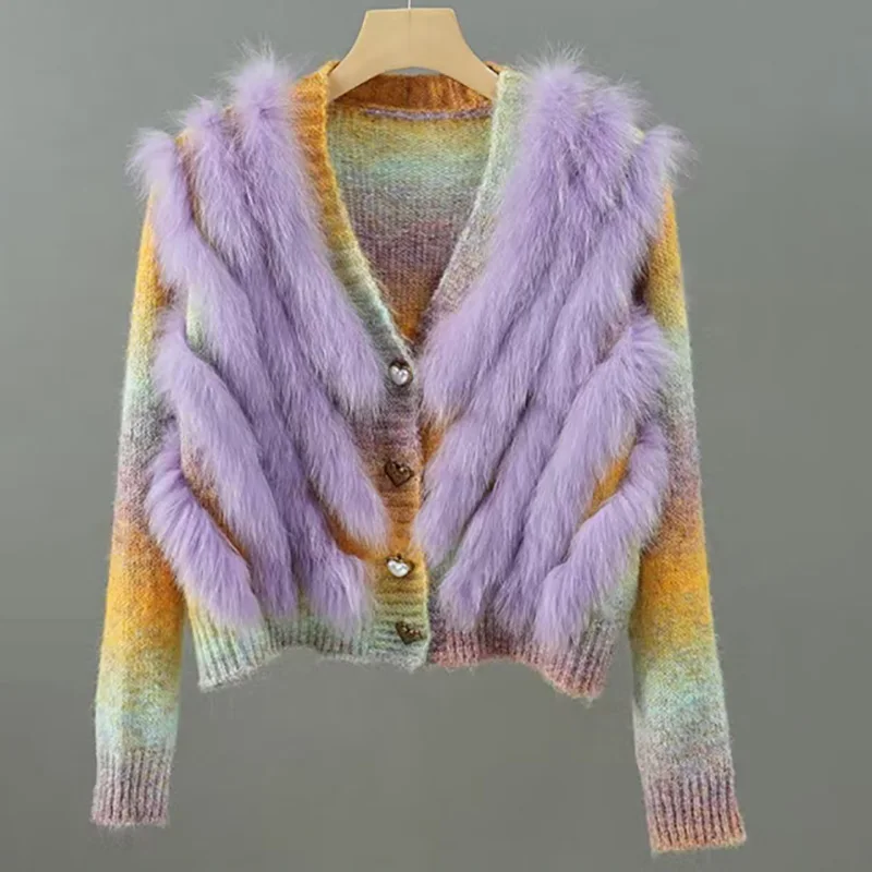 2024 New Autumn Knitted Sweater Cardigan With Real Fox Fur Short Female V-neck Natural  Fur Stripe Cardigans Outwear