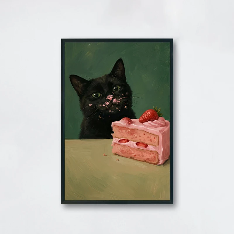Charming Black Cat & Desserts Art Canvas
