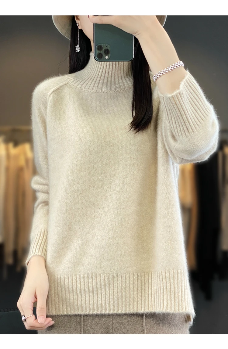 High-Necked Cashmere Sweater for Women, Autumn and Winter, 100% Cashmere, Slit, Lazy Raglan Sweater, Thickened with Soft Waxy Wo 2