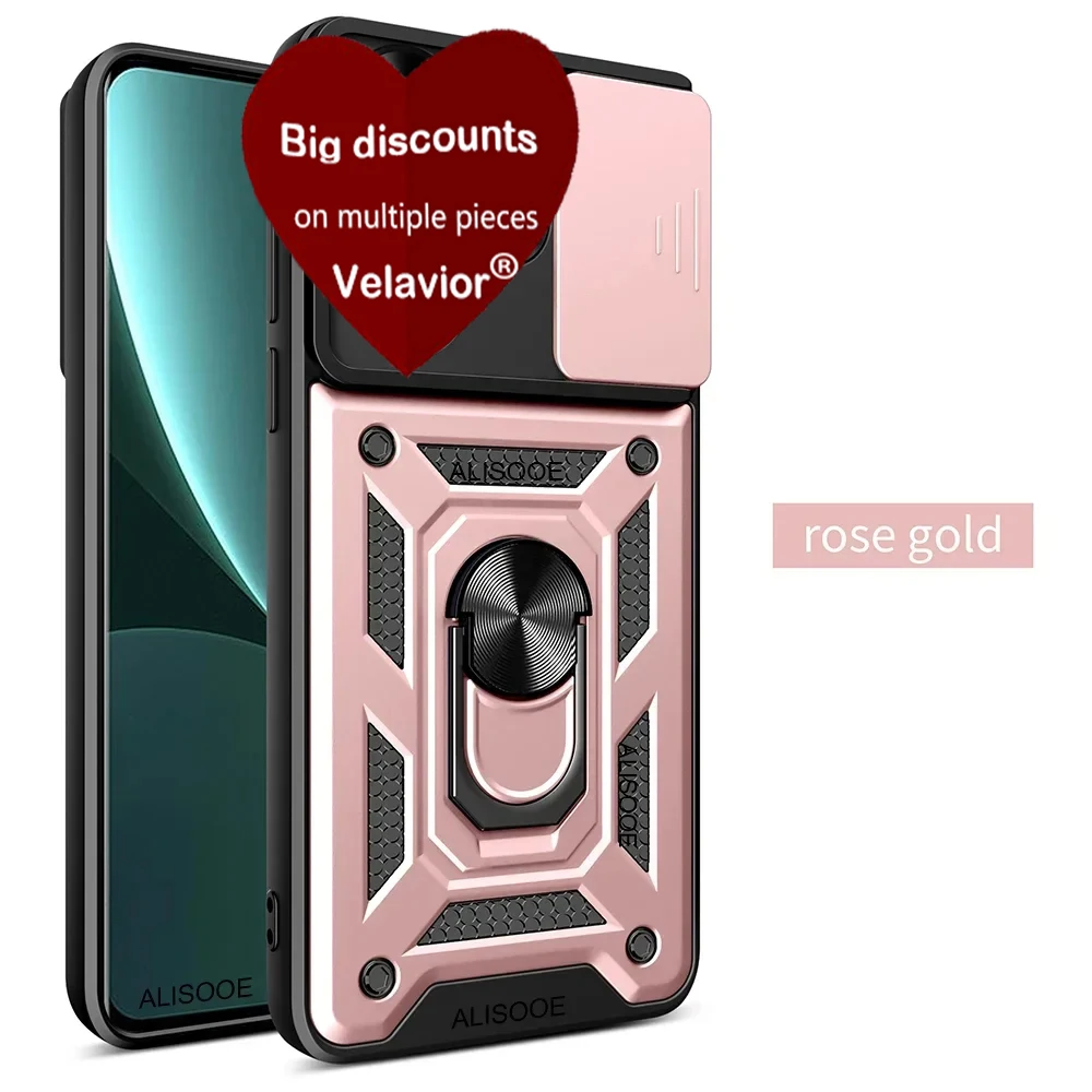 Durable Phone Case with Slide Lens Cover, Rotating Ring, and Shockproof Stand Holder