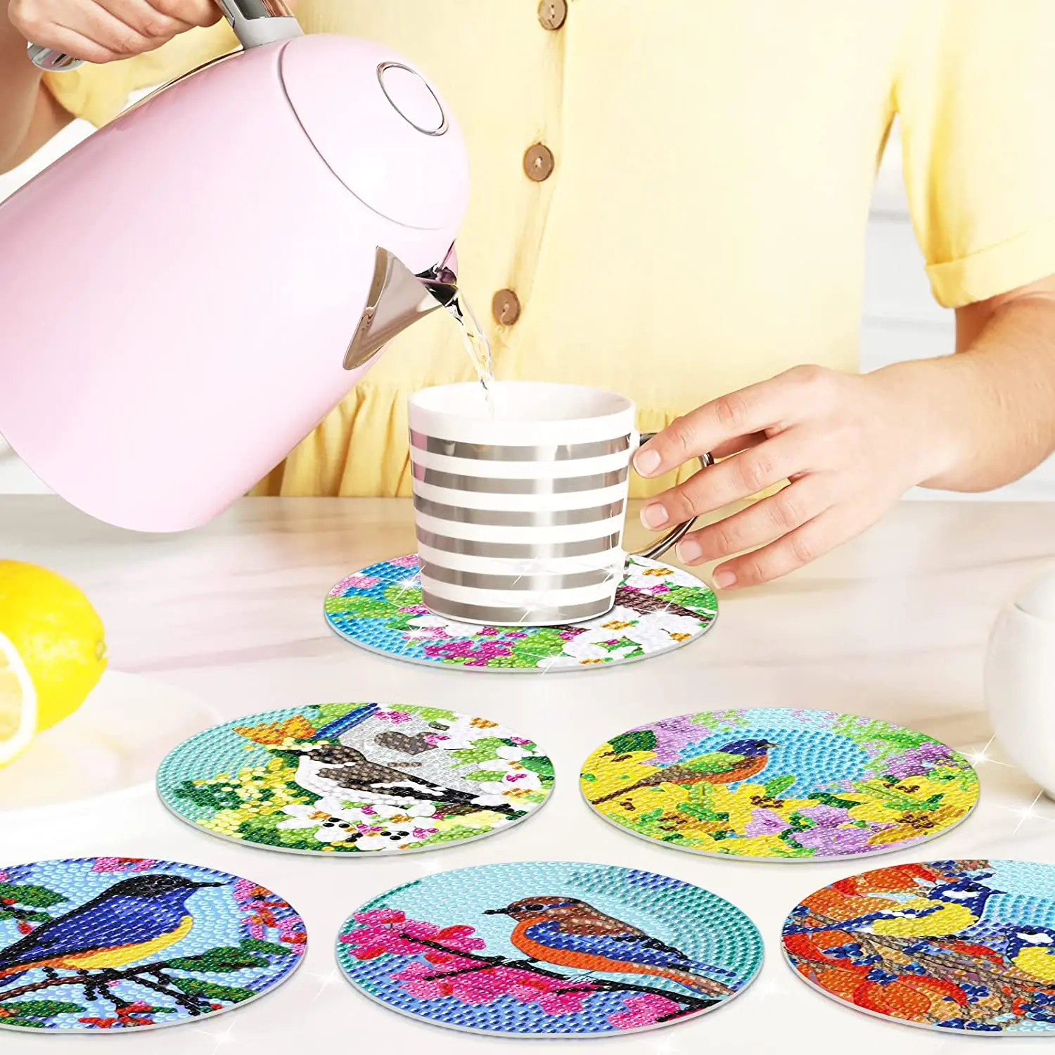 8pcs Diamond Painting Set - Bird Flower Diamond Painting Coaster - Homemade DIY Handicraft Gifts For Kids