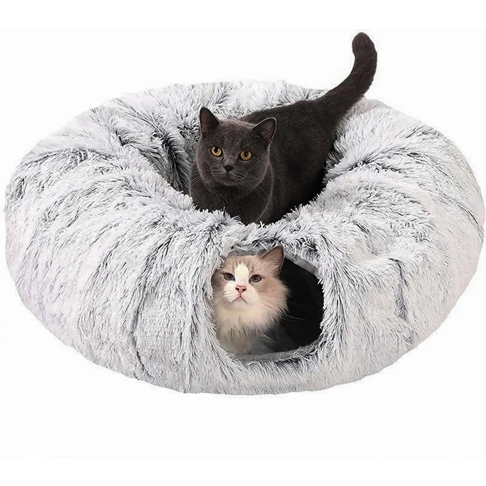Winter New Arrival Plush Cat Tunnel Bed Foldable Two-in-One round Warmth Pet Nest Thickened Cozy Cuddly Cat Hideaway