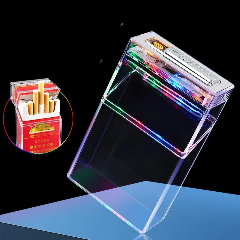 

Transparent Lighter Cigarette Case Can Hold 20 Standard Cigarettes USB Charging Cigarette Lighter with Flashing Light