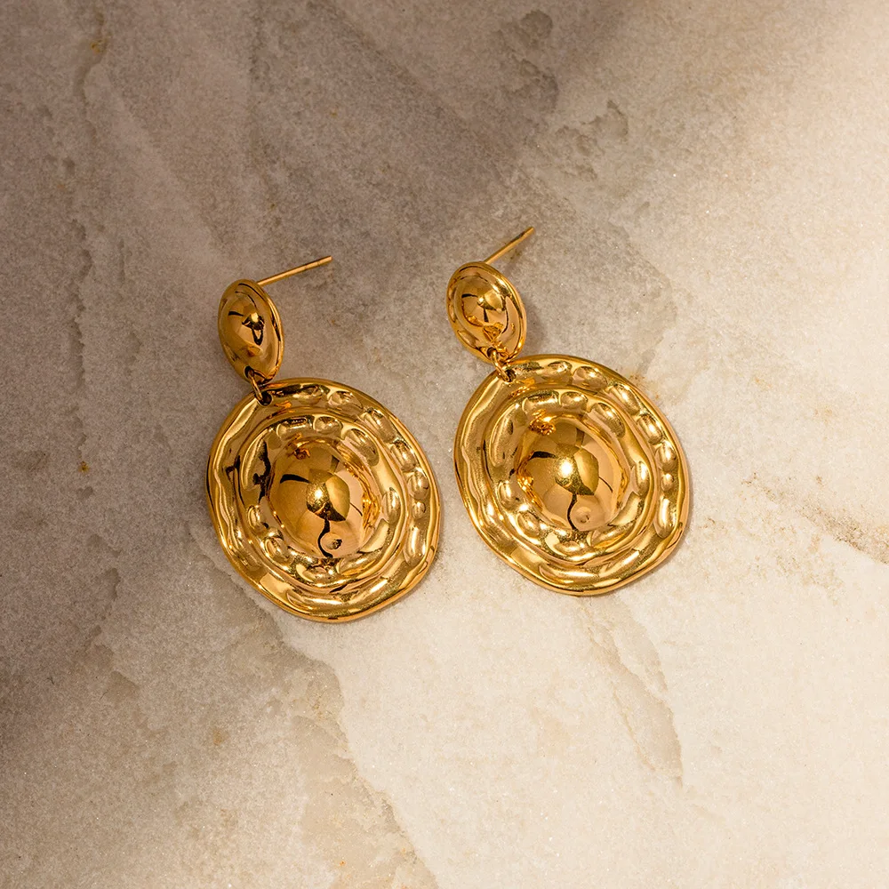 

Minar Statement Metallic Texture Geometric Oval Drop Dangle Earrings for Women 18K Gold PVD Plated Titanium Steel Long Earring