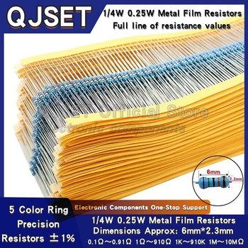 100pcs 1/4W Metal Film Resistor Element 1% 0.25W 1K 1.5K 2.2K 4.7K 10K 22K 47K 100K 470k 100 220 4K7 Ohm 5 Color Ring Resistors 1