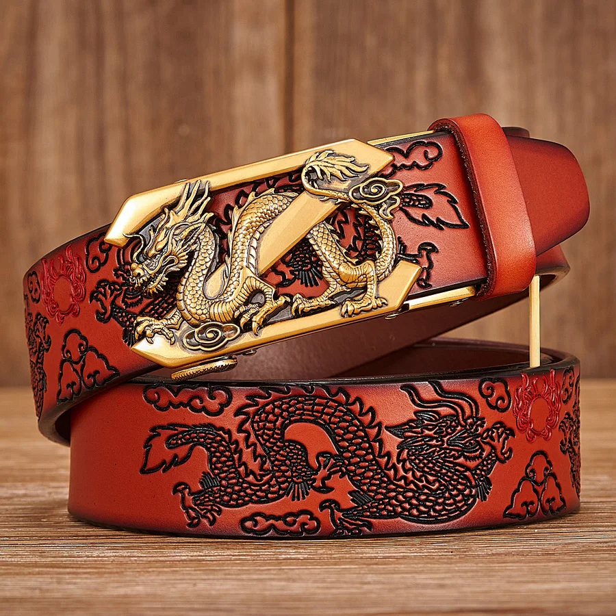 Male Genuine Leather Belts Casual Ratchet Belt with Automatic Buckle Luxury Design Dragon Pattern Belts for Business Men Strap