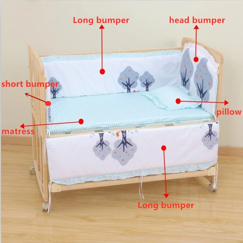 6PCS Cotton Nursery Bedding Crib Bedding Set For Boys and Girls Baby Girl Crib Bed Set (4bumpers+Matress+Pillow)