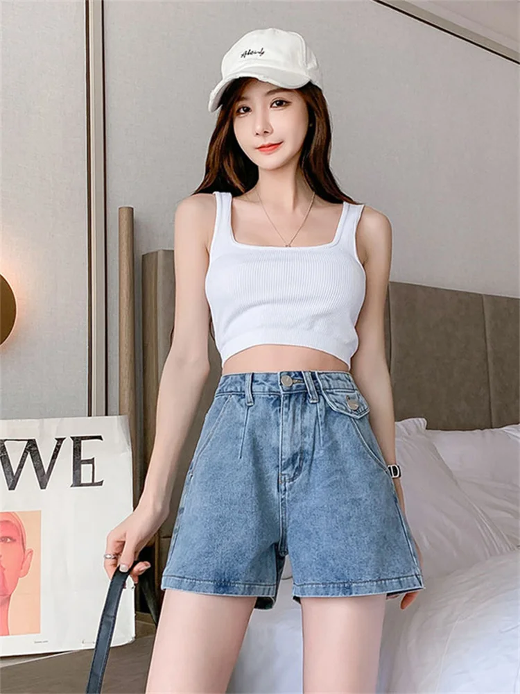 

Denim Shorts Women 2022 Summer New High Waist Slim Show Thin A Line Loose Wide Leg Sexy Short Jeans Feminina Light Blue