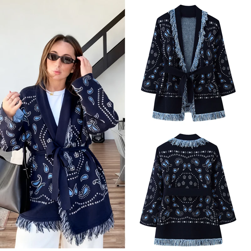 Chic Fashion Fringe Shawl Knitted Jackets for Women 2025 Autumn Winter Long Sleeve Cardigan Coats High Street Casual Loose New