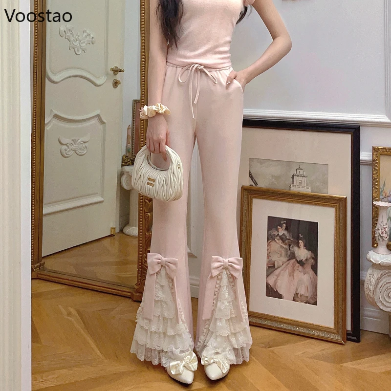 Pink Sweet Lolita Style Pants Women Vintage Kawaii Bow Lace Ruffles Flared Pants Female Korean Elegant Casual Fairy Trousers