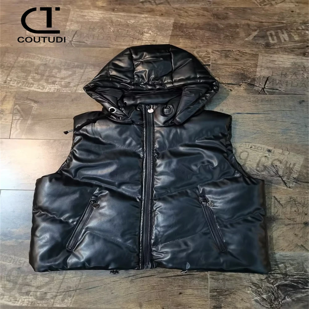 COUTUDI-PU Leather Puffy Vest Coat for Women, Black Hooded Parkas, Short Down Jacket, Sleeveless Waistcoat, Ladies Fashion