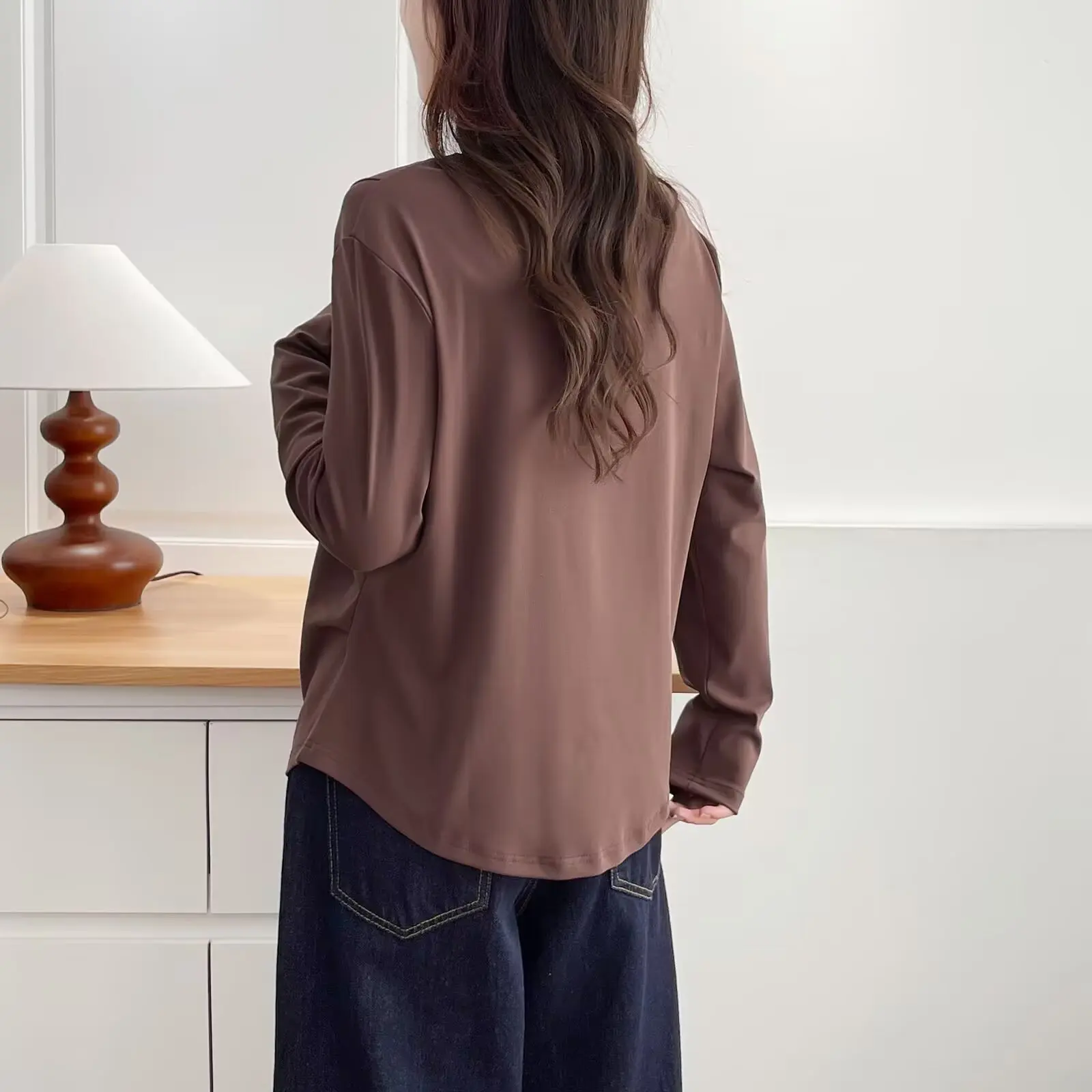 Fashion Plus Size Women's T-Shirt Autumn Casual double-sided Fold Waist Long Sleeve Tops 2538