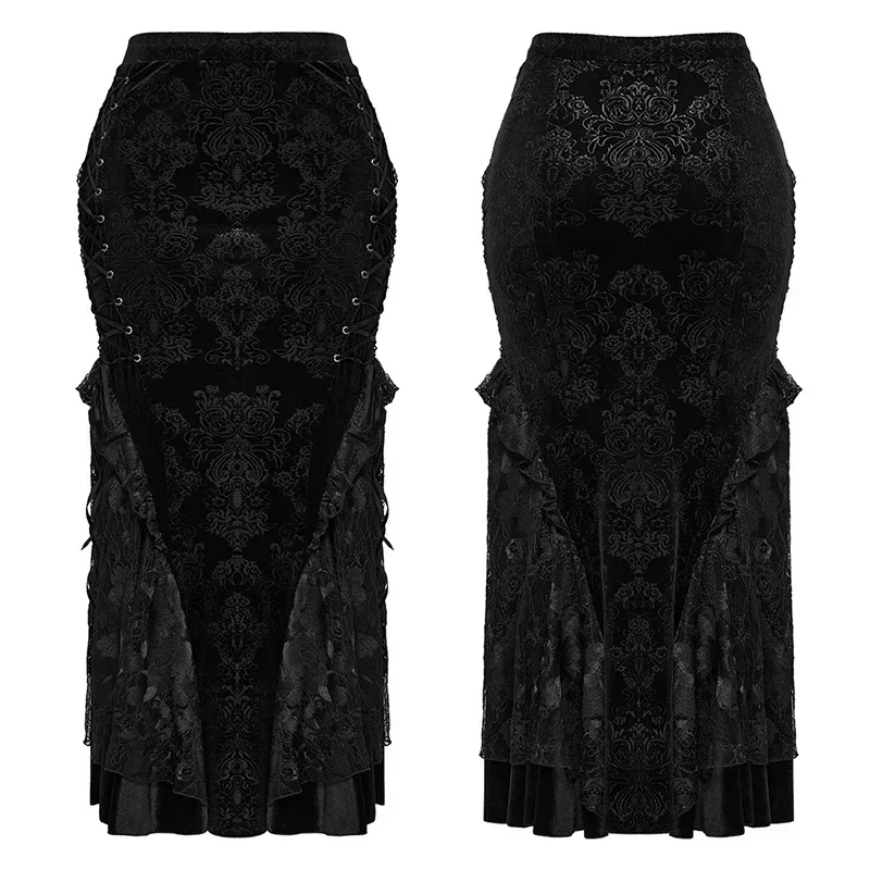 PUNK RAVE Women's Gothic Gorgeous Embossed Velvet Fish Tail Skirt