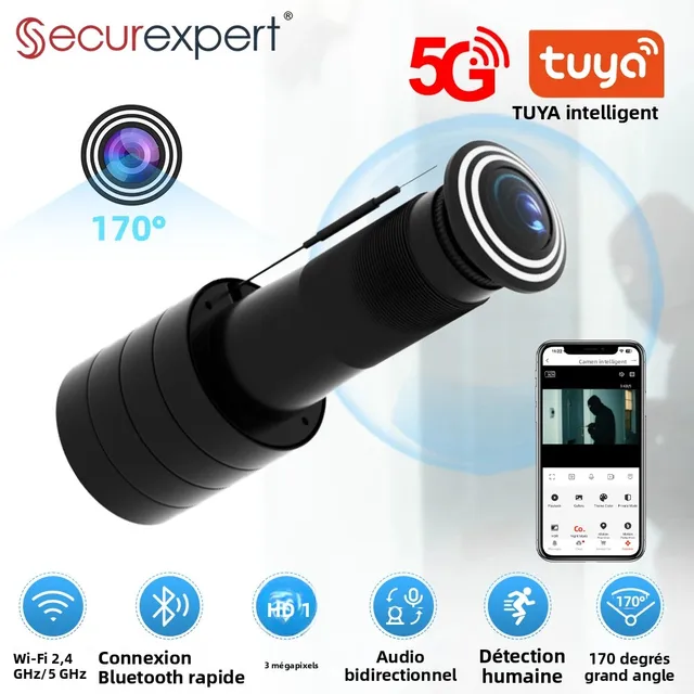 Caméra WiFi HD 3MP pour judas vidéo 170° °   Visiophone sans fil grand angle avec détection humaine et audio bidirectionnel TUYA 1
