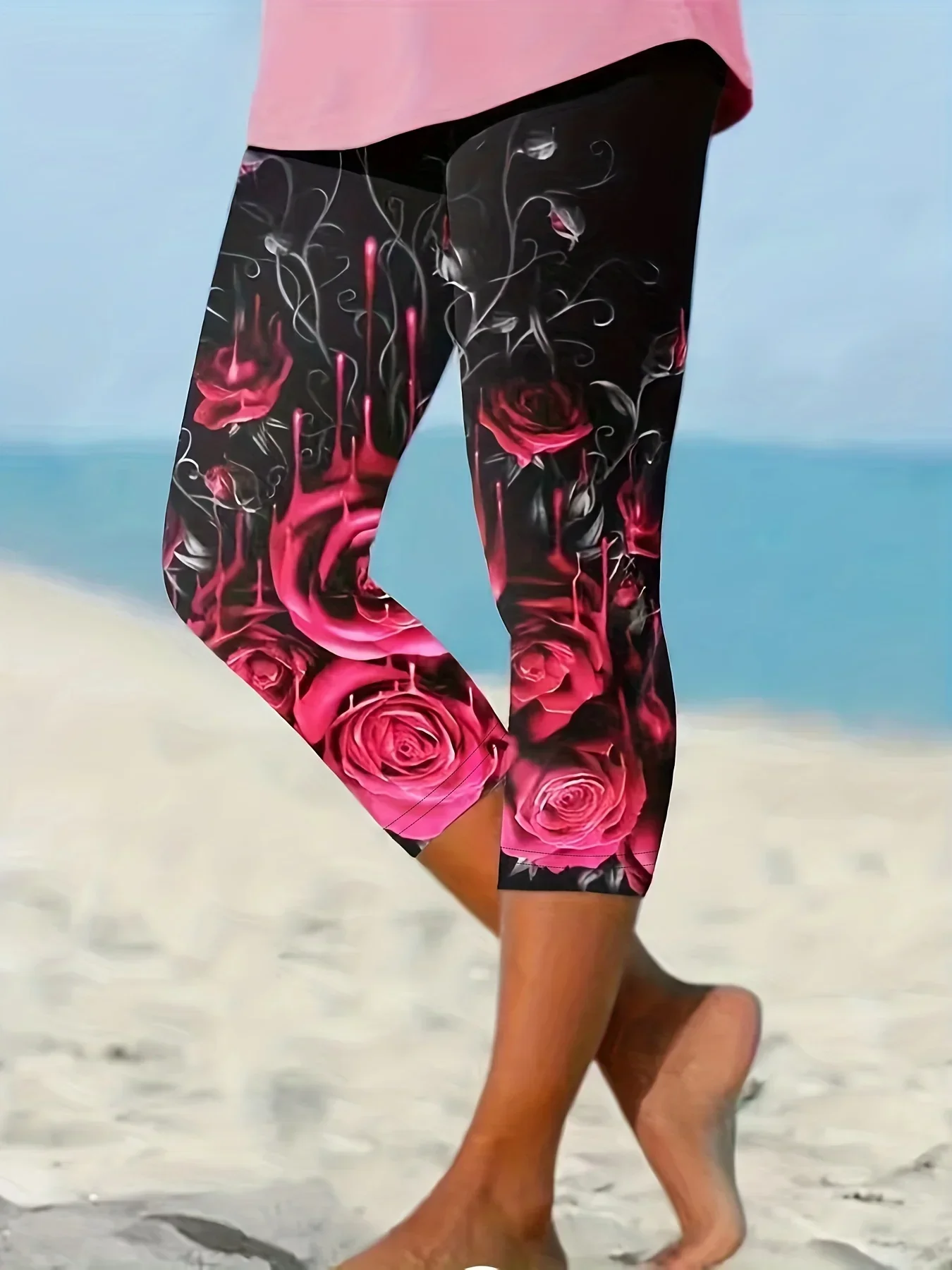 566217-24438b.jpg Plus Size 1XL-5XL Women's Fashion Home Leggings Women's Yoga Pants Floral Print Casual Seven-quarter Leggings - Image 1