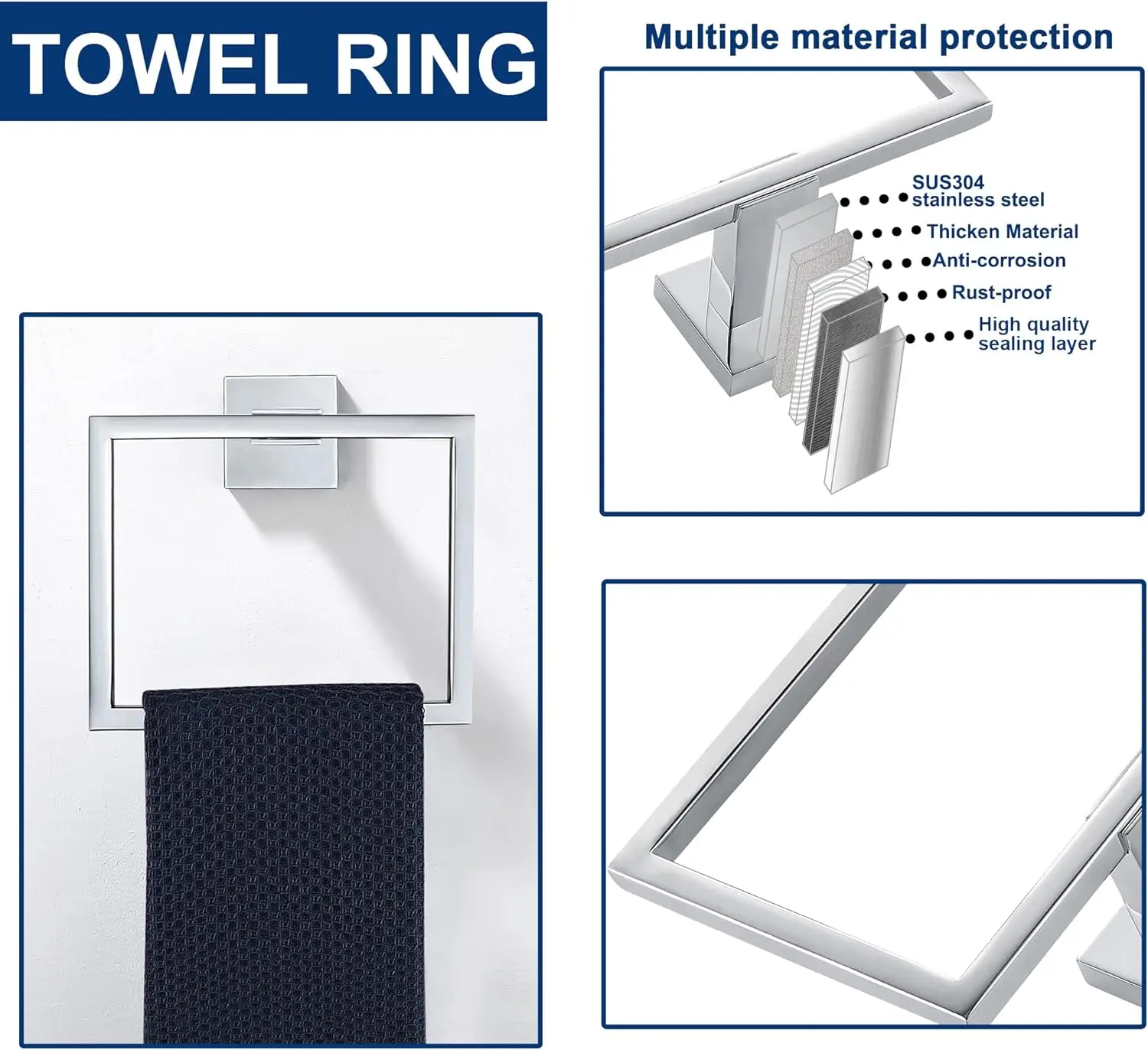 10-Piece Bathroom Set. Polished Chrome. SUS304 Stainless Steel. Square Towel Bar, Rack. Heavy Duty. Wall-Mounted.