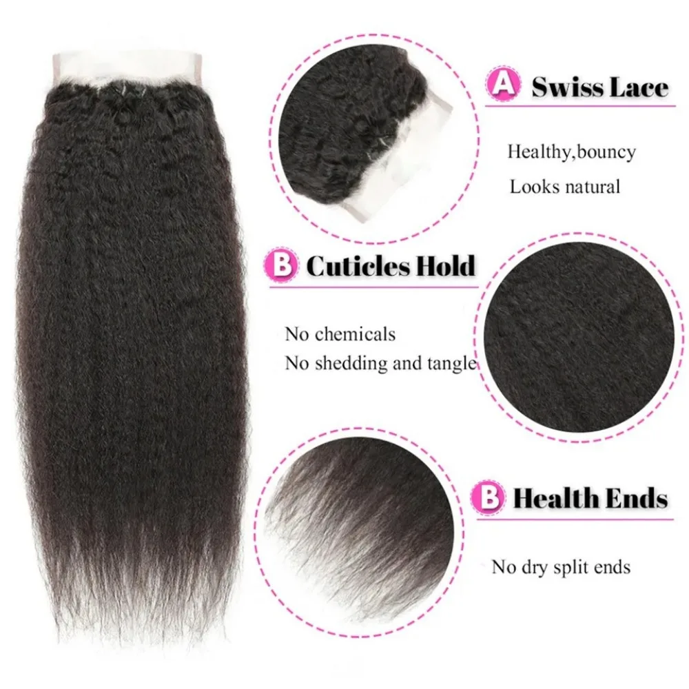 Human Hair 5x5 Kinky Straight Lace Closure Transparent Swiss Lace Natural Color 10-20 Inch Pre-Plucked Brazilian Remy Hair