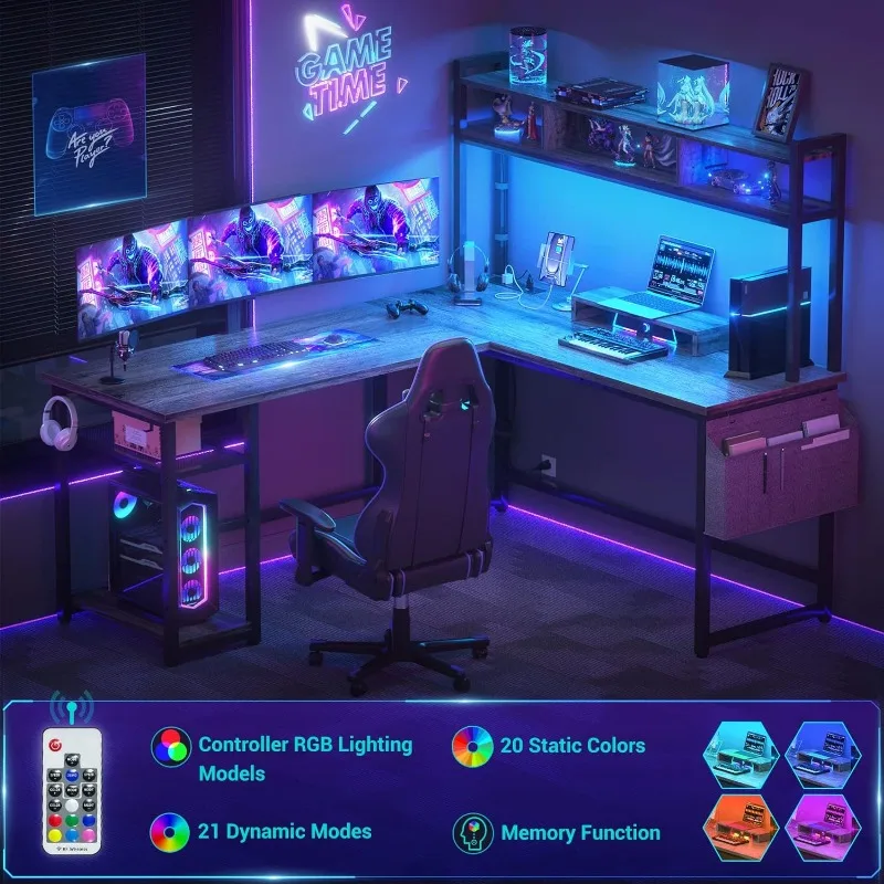 s L Shaped Computer/ Gaming Desk with Power Outlet & LED Strip 4