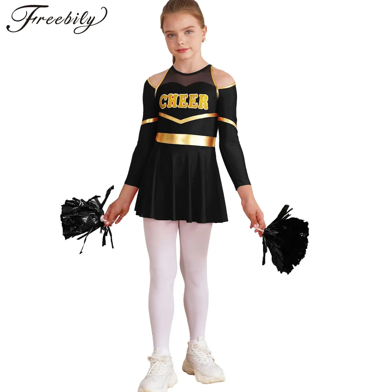 

Kids Girls Cheerleading Dance Performance Costume Long Sleeve Leotard Dress with Hand Flowers School Party Sports Meet Dancewear