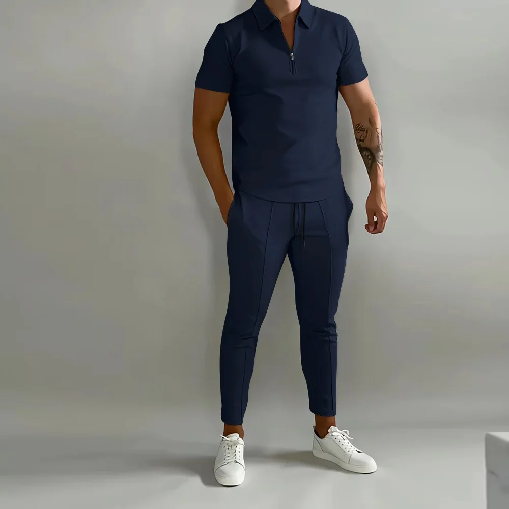 New Summer New Men's Suit Solid Color Short-sleeved Lapel POLO Shirt+sweatpants 2-piece Outdoor Sports and Leisure Suit S-3XL