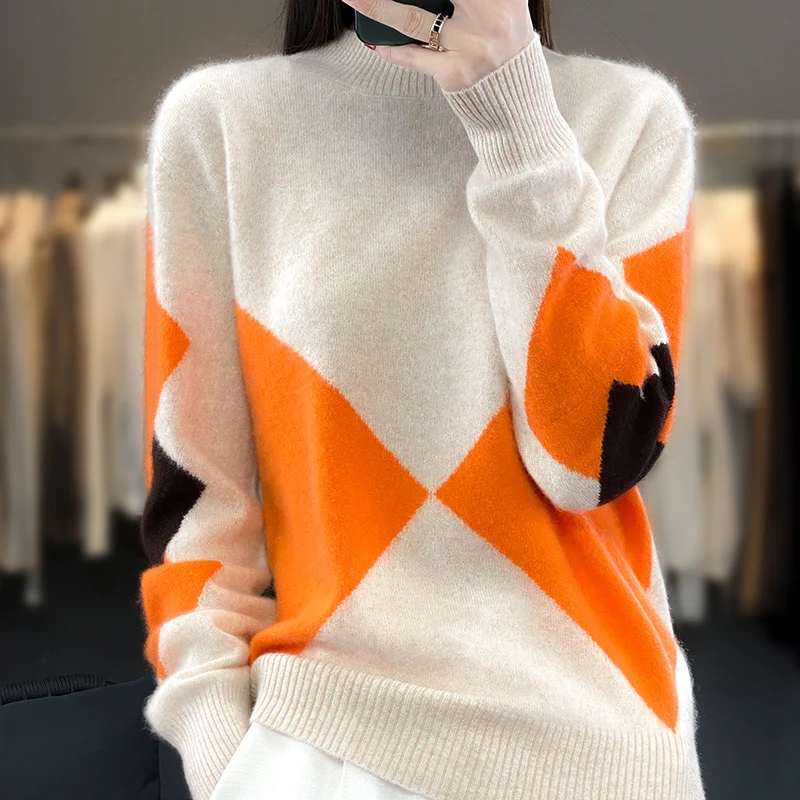 

BELIARST 100% Merino Wool Women's Half High Neck Sweater Knitting Color Blocking Pullover Long Sleeve Casual Top Clothes M-8137