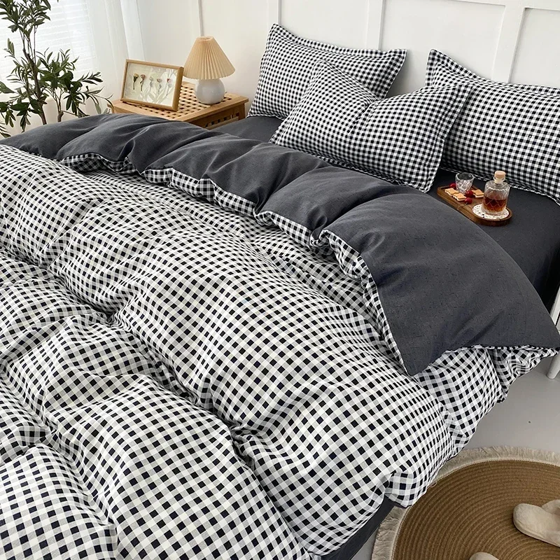 Black White Small Checks Printed Bed Set Floral Duvet Cover Pillowcase Bedding Set Bed Sheet Quilt Cover Single Queen King Size 1