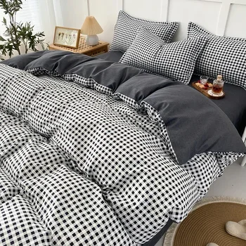 Black White Small Checks Printed Bed Set Floral Duvet Cover Pillowcase Bedding Set Bed Sheet Quilt Cover Single Queen King Size 1