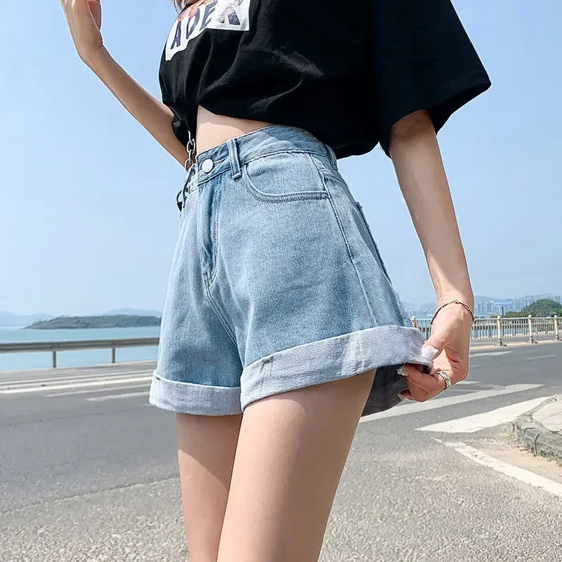 Women's high-waisted denim shorts, blue cotton, wide-leg shorts, small jeans for girls, Korean fashion, summer.