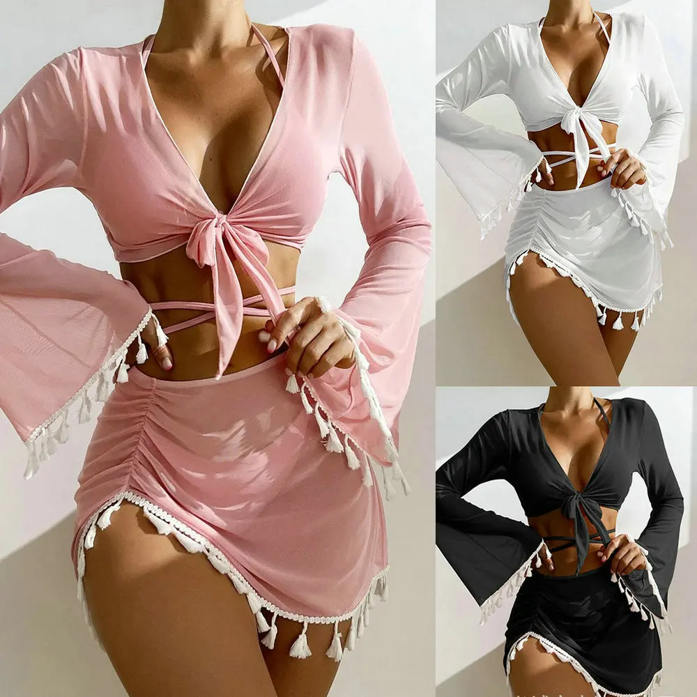 

Бикини, трендовый купальник, женская одежда, купальный костюм с разрезом, сплошной цвет, с кисточками, на шнуровке, с длинным рукавом, одежда для плавания, YD71