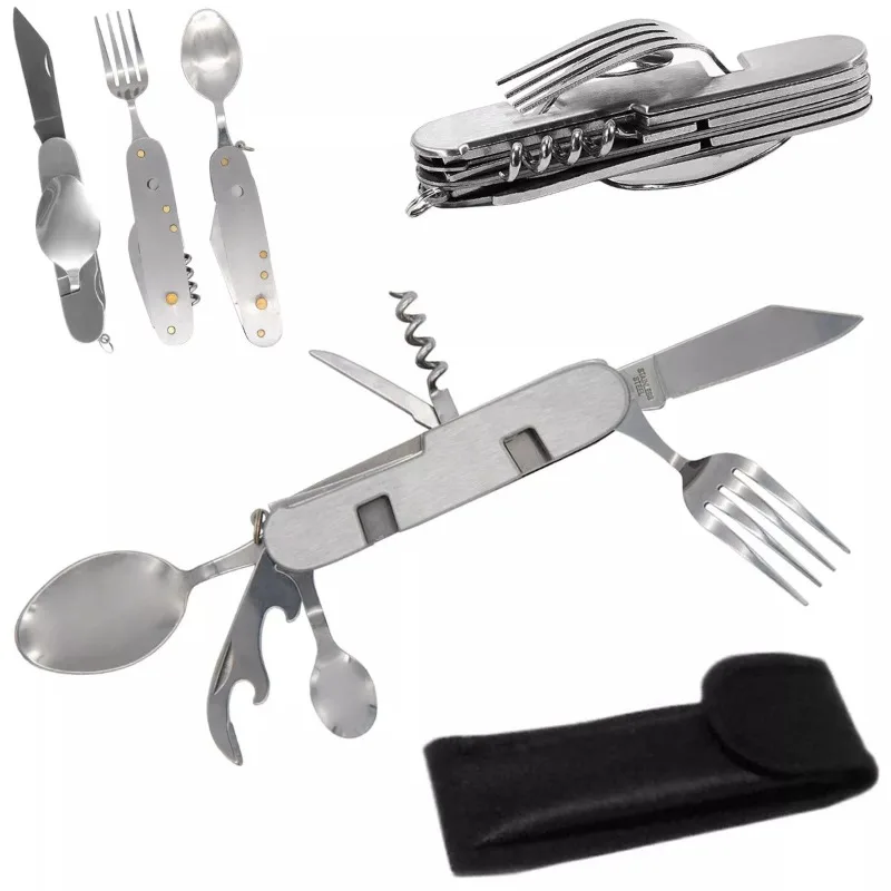 Multifunctional Foldable Detachable Cutlery Set Stainless Steel 4-in-1 Camping Fork Spoon Knife Opener for Hiking Travel Outdoor