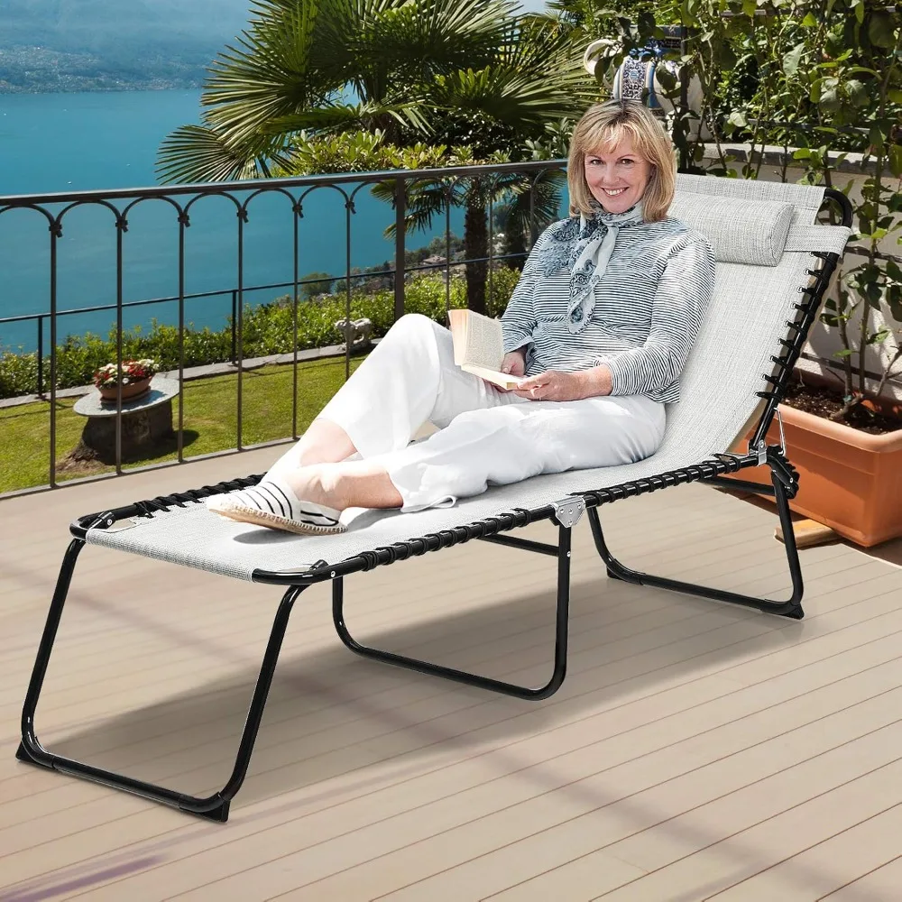 Tanning Chair,Extra High Lounge Chair with Removable Pillow,Detachable Side Pocket & Adjustable Backrest,Folding Chaise Lounger 2