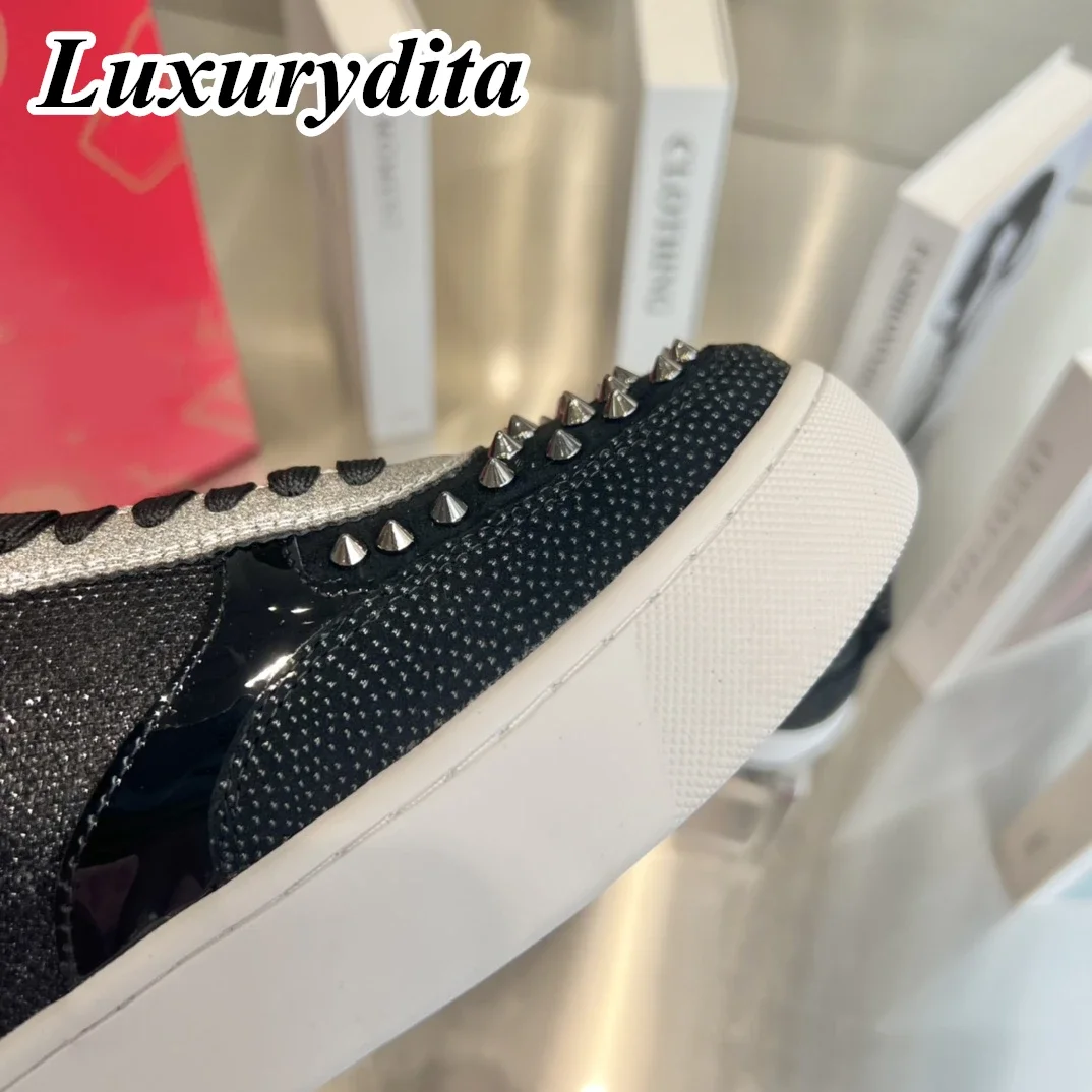 LUXURYDITA Designer Men Casual Sneakers Real Leather Rivet Luxury Womens Tennis Shoes 35-47 Fashion Unisex loafers HJ859