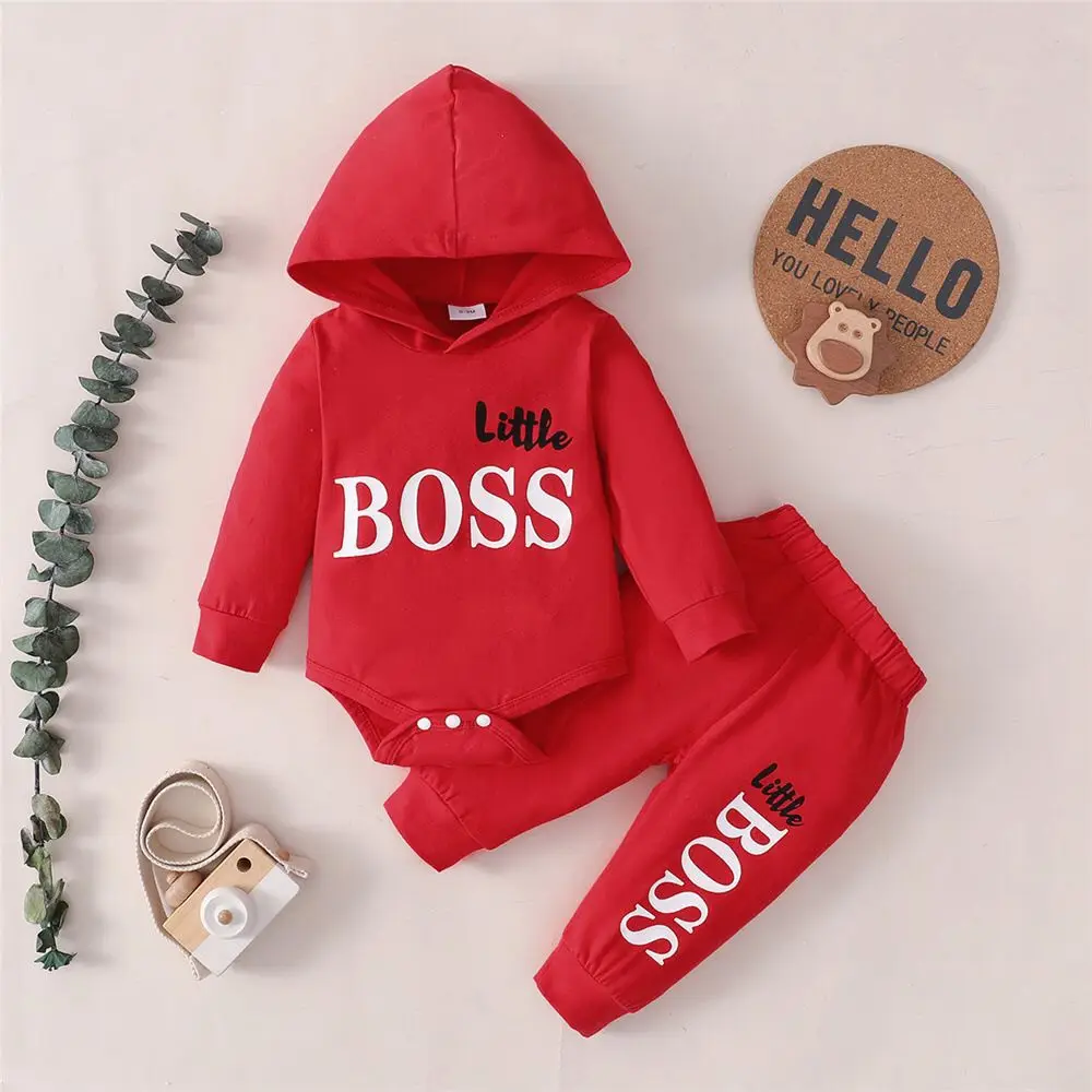 2024 Spring Autumn Infant Toddler Letters Print Hooded Solid Color Two-piece Suit 0-24M Baby Boys Bodysuits+Long Pants Set 2