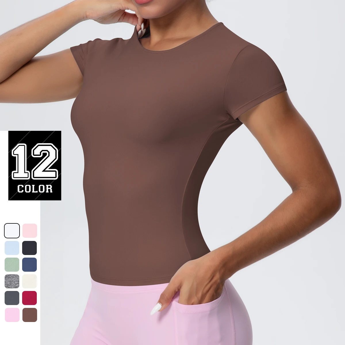 Rooftrellen Slim Casual Solid Color Yoga Kurzarm Workout Top Schnell trocknend Atmungsaktiv Sport Laufen Yoga Top T-Shirt