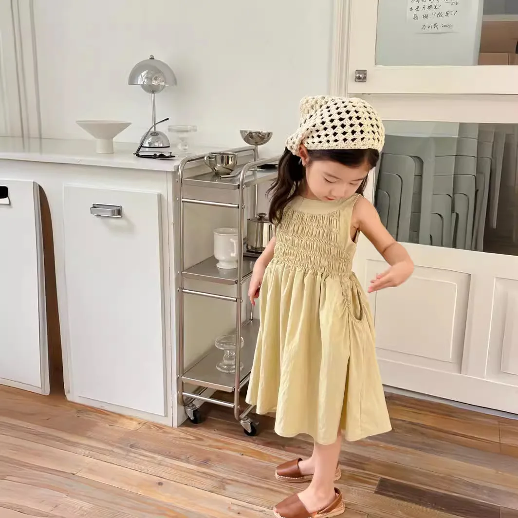 

2024 Korean Girls Solid Color Sleeveless Dress 2024 Summer New Childrens Baby Sweet Cotton Skirt Kids Dress