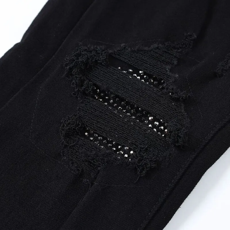 High Street Fashion Men Jeans Black Stretch Skinny Fit Ripped Jeans Men Punk Trousers Rivet Patch Designer Hip Hop Brand Pants