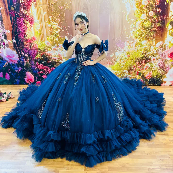 Navy Blue Off Shoulder Quinceanera Dress Appliques Ball Gown Tiered Ruffles  | eBay