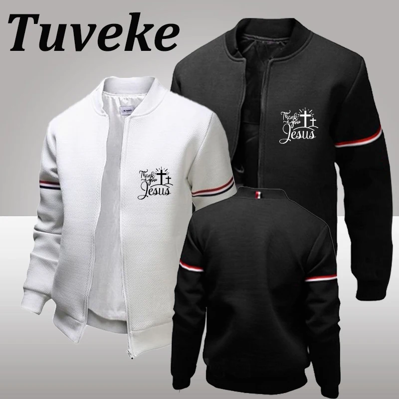 Tuveke Brand Men's Jesus Christ Teach Jesus Print Baseball Jacket Fashion Athleisure Solid Color Commuter 3 Color Jacket (S-4XL)