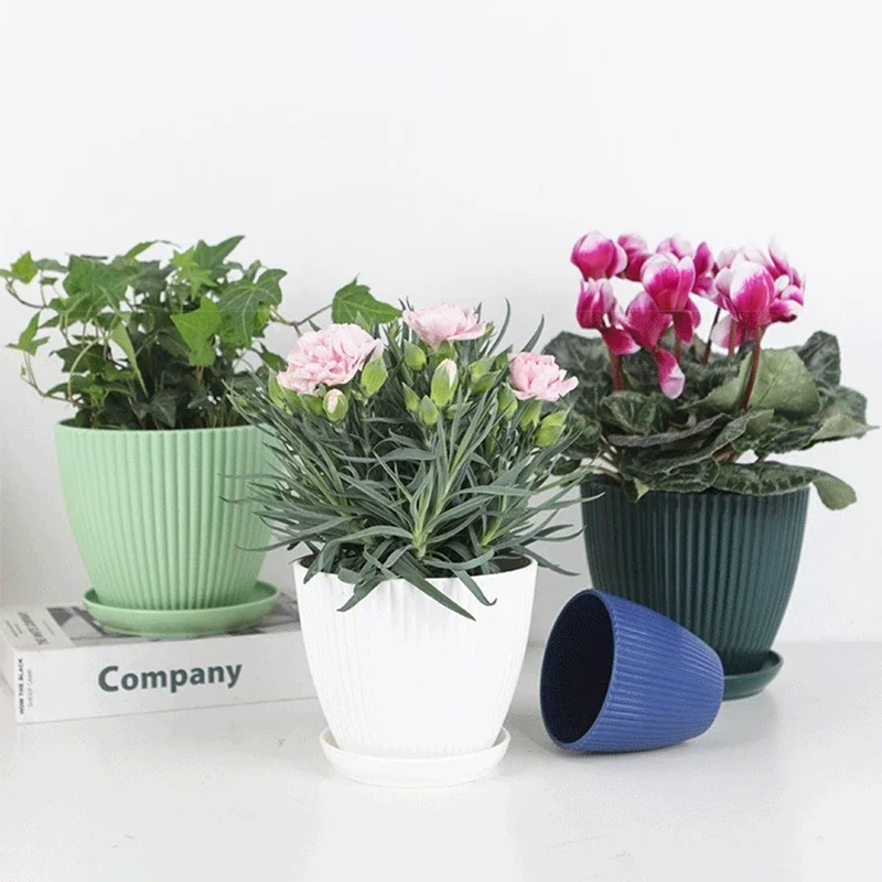 Succulent potted flower pot hydroponic flower pot plant pot Round Pot with Tray Plastic Flower Pot Vertical Striped Planters Double Layer Bonsai Home Office Desktop Decor