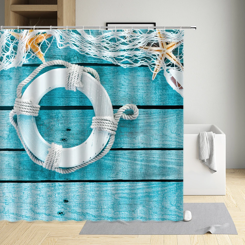 White Sandy Beach Tenda Da Doccia Lifebuoy Starfish Shell Sea Cloud Camera Summer Cloth Bagno Decor Schermo Da Bagno Con Ganci