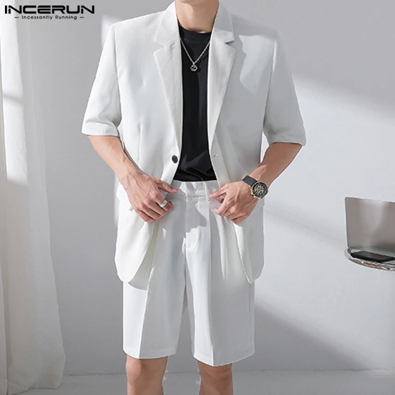 INCERUN 2023 Korean Style Men's Short Sleeved Suits Jackets Shorts Male Simple All-match Solid Comfortable Two-piece Sets S-5XL
