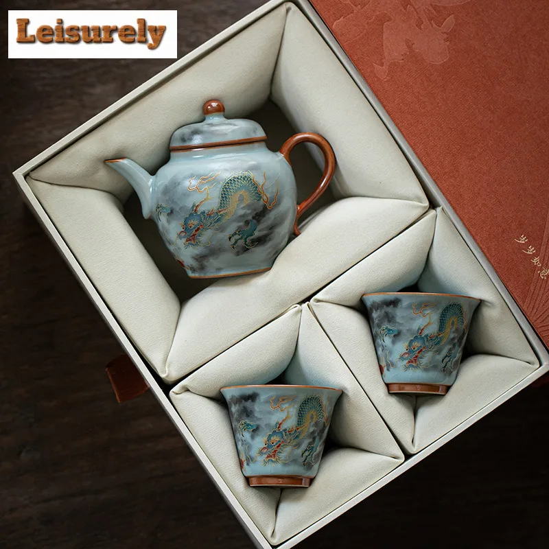 Azure Ru Kiln Propitious Dragon Tea Set Complete Set Elegant Tea Ceremony Set Teapot And Tea Cup Set Tea Services Decoration