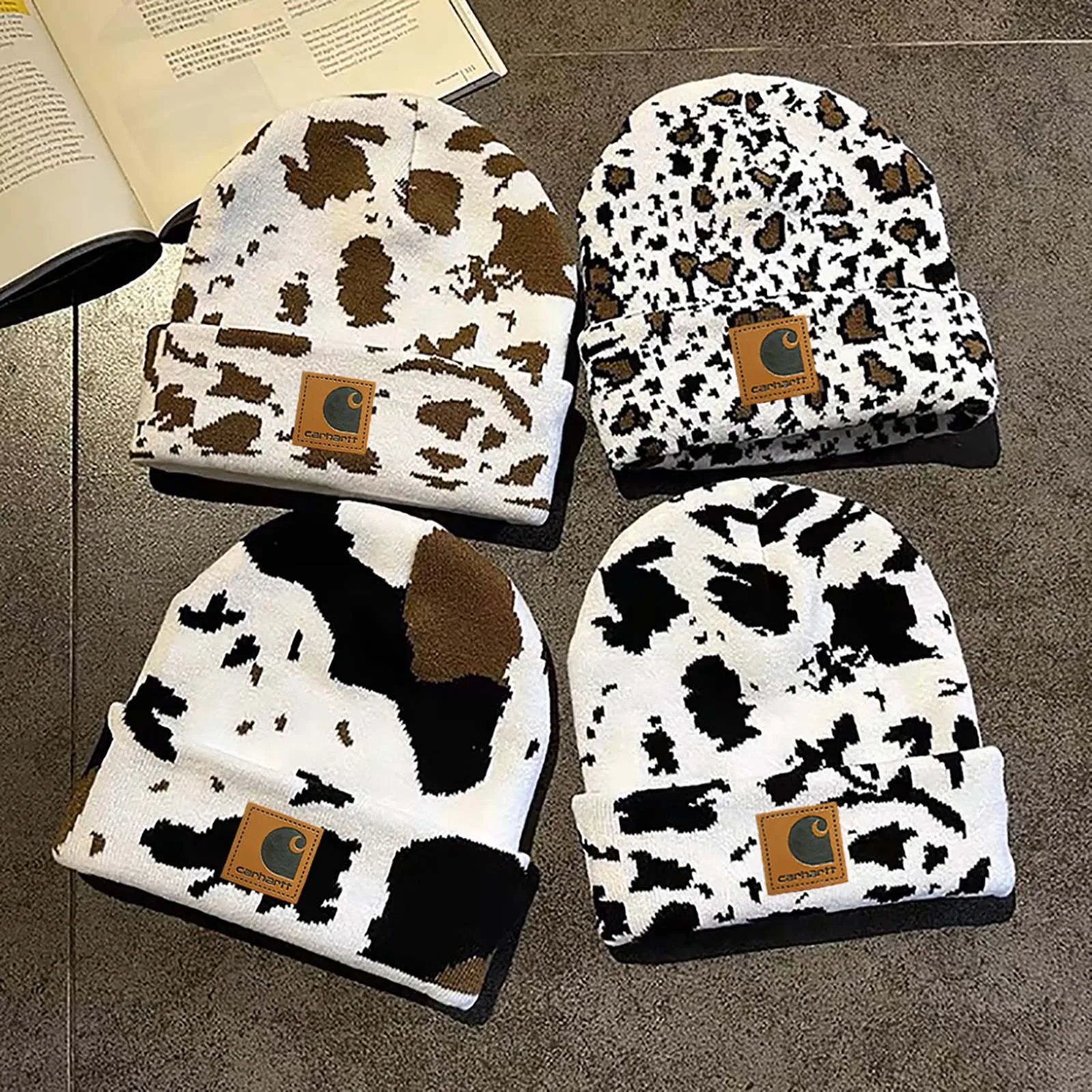 

Cow Knitted Hat Wool Autumn Winter Warm Hats Beanies Cap Casual Bonnet Leopard print