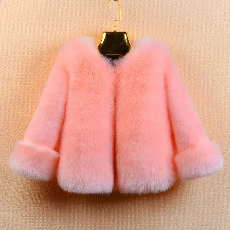 

2023 New Girls' Faux Fox Fur Grass Coat Autumn and Winter Little Big Kids' Clothing Baby Fur Thickened Cotton Coat