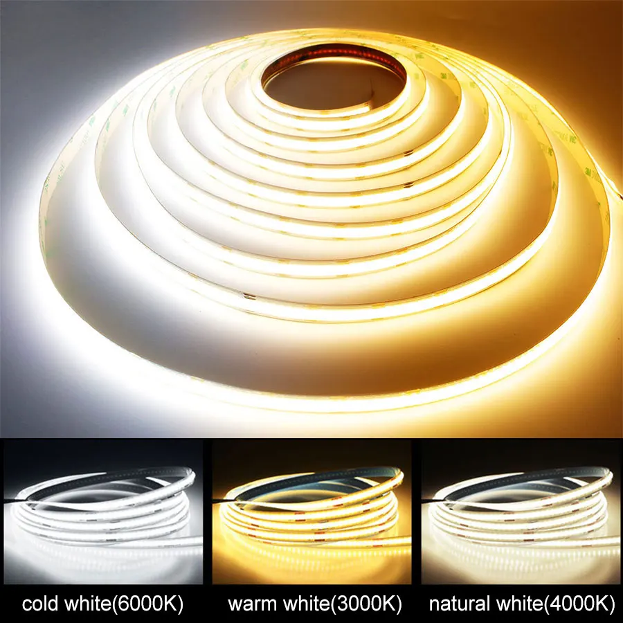 Linear Dimmable COB LED Strip Lights para decoração do quarto, fita fita, flexível, 24V, 12V, 8mm, 320LEDs por m, 3000K, 4000K, 6000K, 1m, 5m, 10m