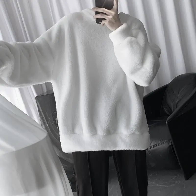 2023 New Hong Kong Style Plush Winter Lamb Polar Fleece Warm Thickened Sweater Men's Loose Korean Version Student Clothes