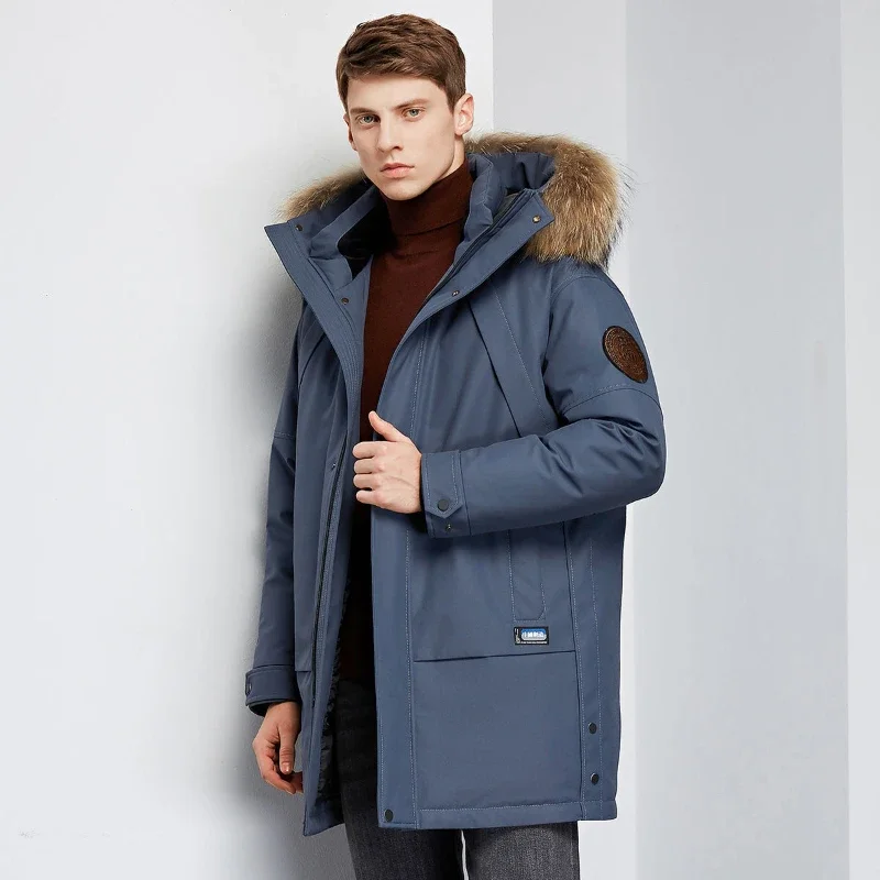 High End Down Jacket Men's Mid Length Winter New Thickened Parka with Hat and Large Fur Collar Winter Jacket